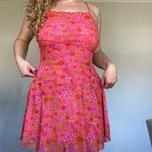 Pink floral mini spaghetti strap dress